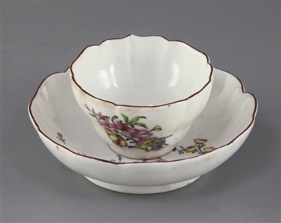 A Chelsea petal lobed tea bowl and saucer, c.1755, saucer 11.3cm